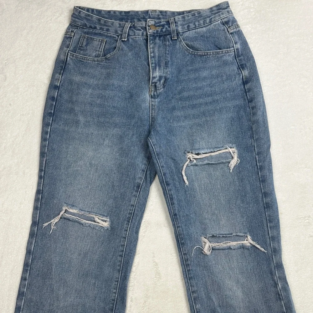 Genleck Name Jean‎ Womens Large Medium Wash Distressed Straight Leg Ripped Denim